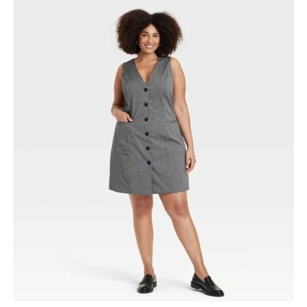 NWT A New Day Gray Pinstripe Button Front Sleeveless Mini Dress XXL Career